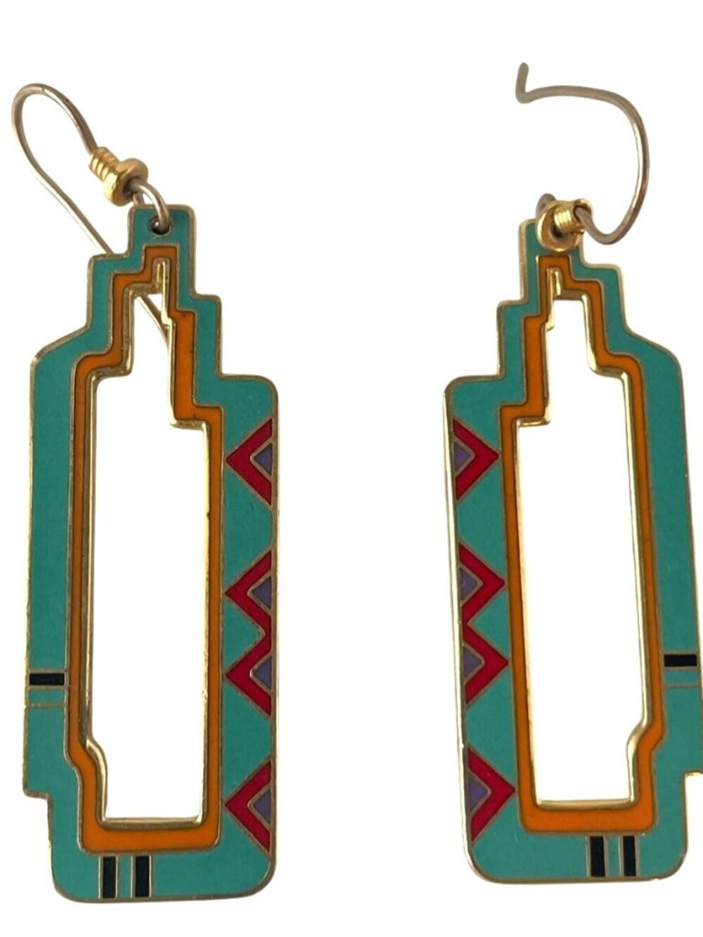 Vintage Laurel Burch Cloisonne Earrings Southwest Geometric Art Deco Goldtone